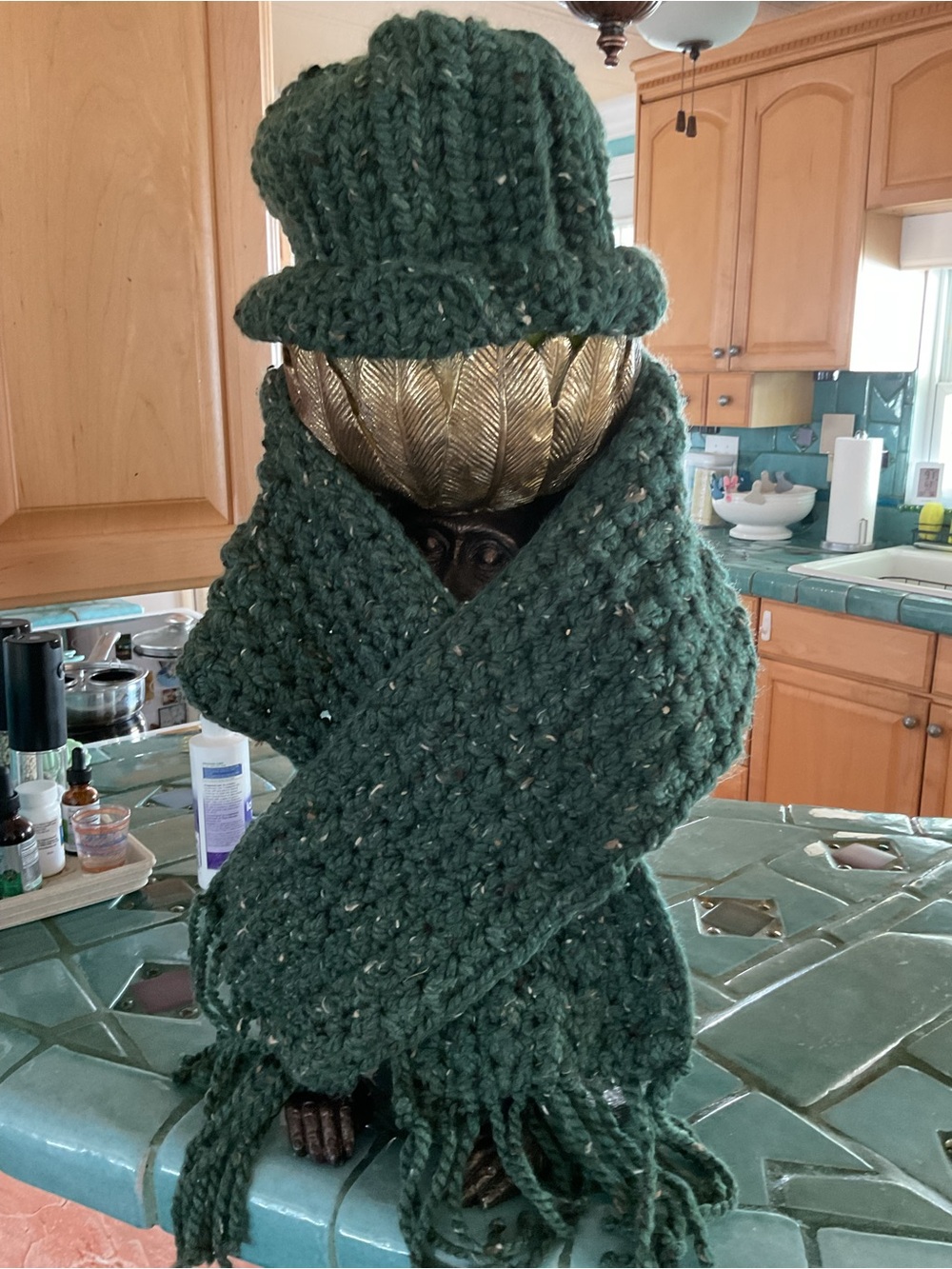 Wool Handcrafted Dark Green Chunky Knit Hat & Scarf Set